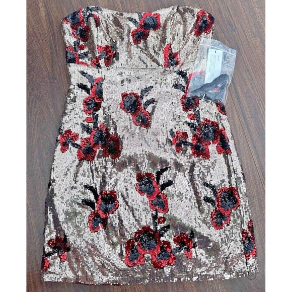 GUESS Women's Grace Sequined Mini Dress Cocktail Party Holidays Red Gold Multi 8 - Picture 9 of 11